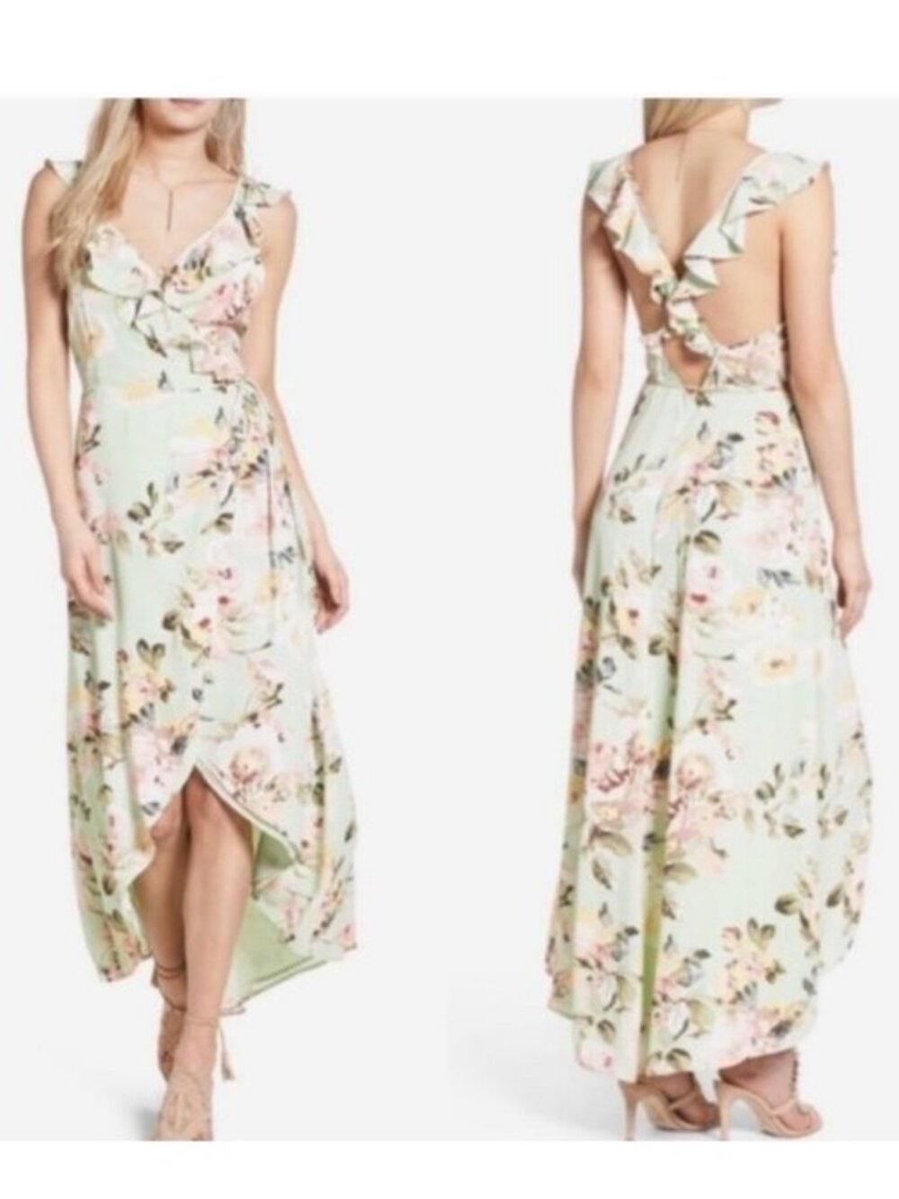 Privacy Please Fillmore Mint Floral Print Ruffle Maxi Dress - XS